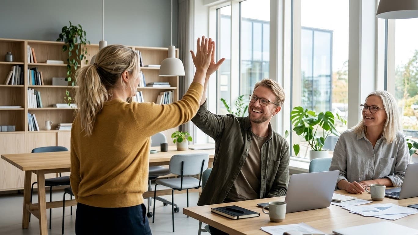 A colleague high-fiving a teammate in a bright, plant-filled office while others smile at the table